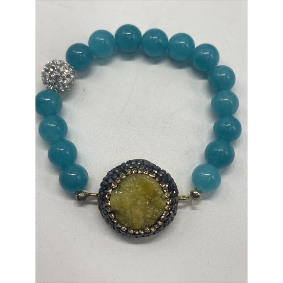 Sacred Stones Natural Blue Agate Stone And Druzy Stone Stretch Bracelet New - Picture 3 of 6